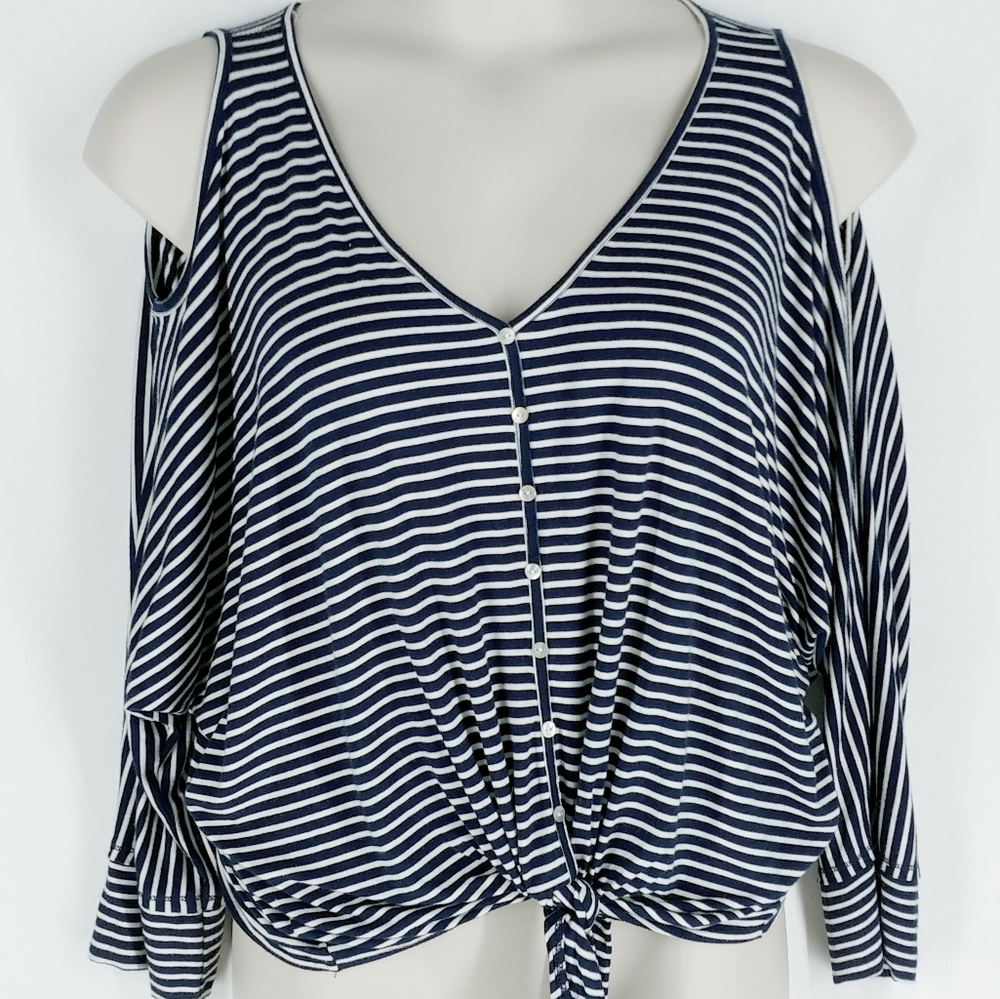 Democracy Womens Cold Shoulder Tie Front Top  Blue White Stripe Long Sleeve xL
